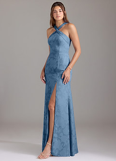 Azazie Rue Vestidos de damas de honor Vestido de Azul Acero de Devorado Floral de Corte en A con Plisado image3