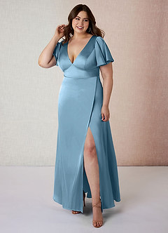 Azazie Lani Bridesmaid Dresses Steel Blue A-Line Flounce Sleeve Stretch Satin Dress image7