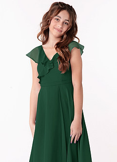 Azazie Posie Junior Dark Green A-Line Ruched Chiffon Dress image1