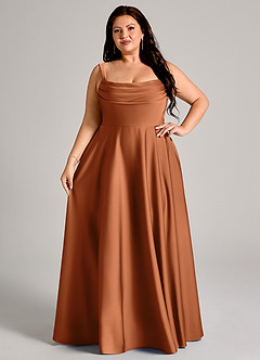 Azazie Shaude Bridesmaid Dresses Copper A-Line Pleated Stretch Satin Dress image12