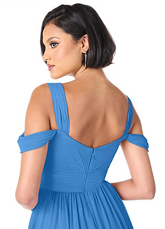 Azazie Lianne Robes de demoiselle d'honneur Robe Trapèze en Mousseline de soie Épaule décolletée Geai Bleu image6