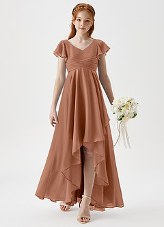 Azazie Caria Junior Robe Trapèze en Mousseline de soie Plissée Bronze image3
