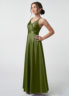 Azazie Avelina Junior Olive A-Line Pleated Metallic Satin Dress image3