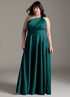 Azazie Charlize Abiti da Damigella Abito A-Line in Raso Elasticizzato Monospalla Verde Pavone image13