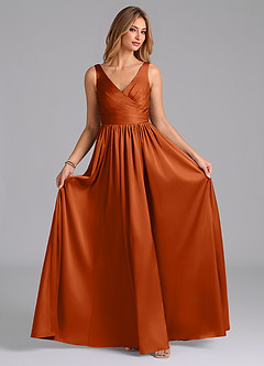 Azazie Keyla Bridesmaid Dresses Burnt Orange A-Line Pleated Stretch Satin Dress image4