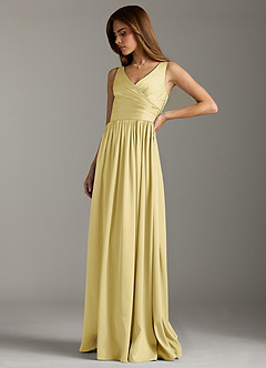Azazie Keyla Bridesmaid Dresses Lemon Sorbet A-Line Pleated Stretch Satin Dress image6