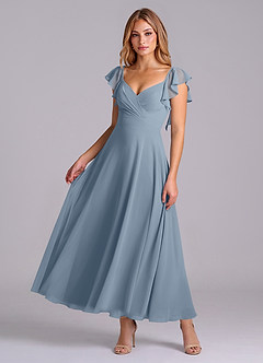 Azazie Leilani Bridesmaid Dresses Dusty Blue A-Line Ruched Chiffon Dress image1