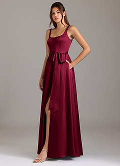 Azazie Elliott Bridesmaid Dresses Burgundy A-Line with Pockets Stretch Satin Dress image4