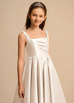 Azazie Mochi Girls Formal Flower Girl Dresses White Alabaster Ball-Gown Pleated Matte Satin Dress image7