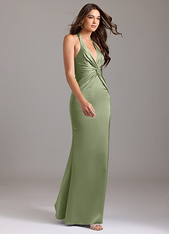 Azazie Valerie Vestidos de damas de honor Vestido Pistacho de Satén Elástico de Corte Sirena con Plisado image4