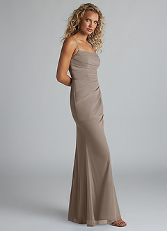 Azazie Teyana Final Sale Taupe Sheath Square Neckline Pleated Mesh Dress image4