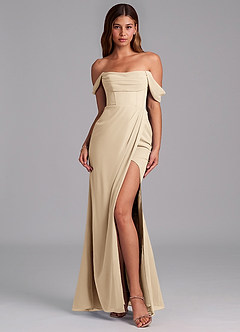 Azazie Johana Bridesmaid Dresses Champagne Mermaid Off the Shoulder Chiffon Convertible Dress image3