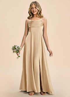 Azazie Gia Junior Champagne A-Line Pleated Stretch Satin Dress image4