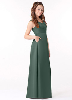 Azazie Sadia Junior Sea Moss A-Line Pleated Stretch Satin Dress image2