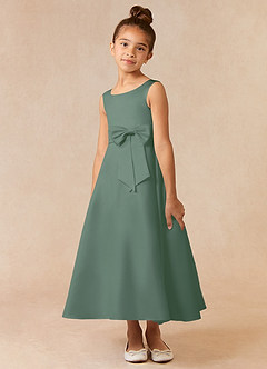 Azazie Lindy Flower Girl Dresses Eucalyptus A-Line Pleated Matte Satin Dress image4