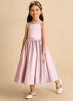Azazie Indi Flower Girl Dresses Powder Pink A-Line Bow Matte Satin Dress image3