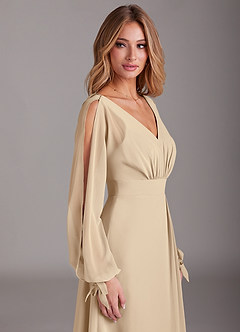 Azazie Matilda Bridesmaid Dresses Champagne A-Line Long Sleeve Chiffon Dress image7