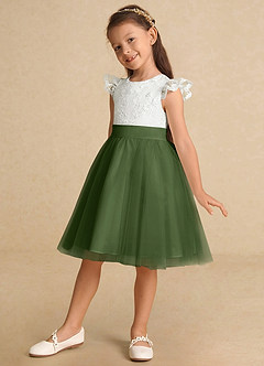 Azazie Vetty vestidos de niña de las flores Vestido de Marfil Oliva de Tul de Corte En A con Encaje image3