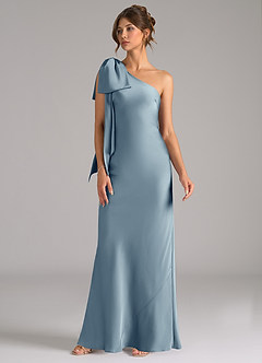Azazie Capri Robes de demoiselle d'honneur Robe Sirène en Satin extensible Ue épaule Bleu Poussiéreux image4