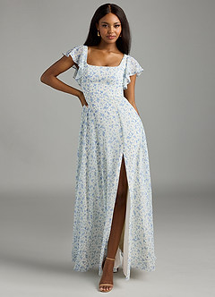 Azazie Bondi Bridesmaid Dresses Blue And White Ditsy Floral A-Line Ruffled Chiffon Dress image2