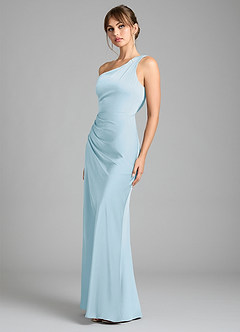 Azazie Madelyn Vestidos de damas de honor Vestido de Azul Cielo de Satén Elástico de Corte Sirena Convertible con Hombro unilateral image6