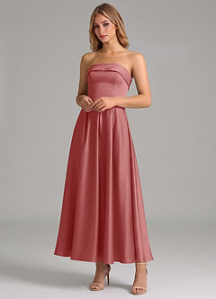 Azazie Lucienne 신부 들러리 드레스 A라인 주름진 스트레치 새틴 발목 길이 드레스 image4