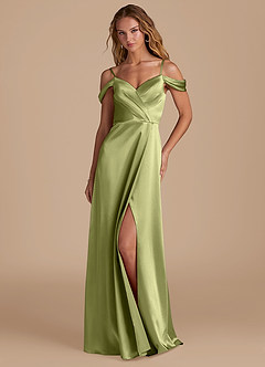 Azazie Ocean Bridesmaid Dresses Pistachio A-Line Off the Shoulder Metallic Satin Dress image3