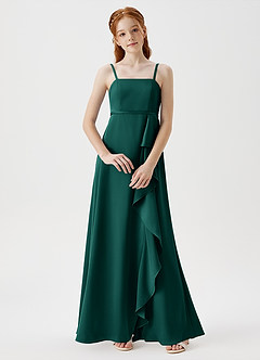 Azazie Kaylee Junior Robe Trapèze en Satin extensible avec ceinture émeraude image1