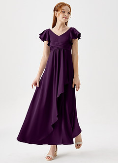 Azazie Omari Junior Grape A-Line Pleated Stretch Satin Dress image3