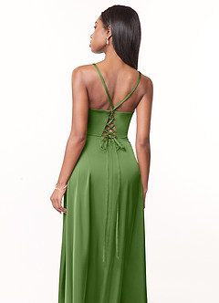 Azazie Maksim Bridesmaid Dresses Basil A-Line V-Neck Stretch Satin Dress image3