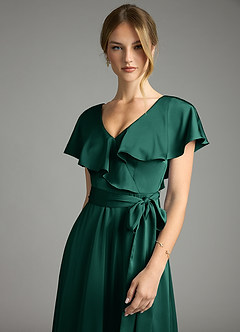 Azazie Lainey Bridesmaid Dresses Emerald A-Line with Pockets Stretch Satin Dress image6
