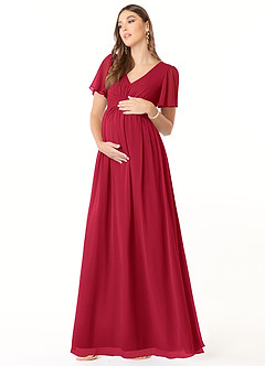 Azazie Verna Zwangerschaps Bruidsmeisjekleding A-Lijn V-hals Gerimpeld Chiffon Vloerlengte Jurk image3