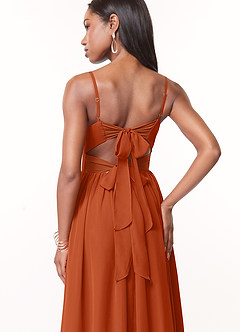 Azazie Zeya Robes de demoiselle d'honneur Robe Trapèze en Mousseline de soie Col V plissé Orange Brûlée image2