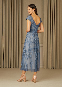 Azazie Sanna Mother of the Bride Dresses Dusty Blue Champagne A-Line Scoop Lace Tulle Dress image4