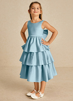 Azazie Margery Blumenmädchenkleider A-Linie Schleifen Stretch-Satin Kleid Stimmungsvolles Blau image3