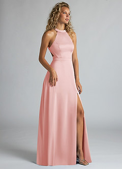 Azazie Clarice Bridesmaid Dresses Powder Pink A-Line High Neck Stretch Satin Dress image2