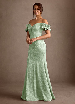 Azazie Allison vestidos de madre de la novia Vestido Salvia Polvorienta de Devorado Floral de Corte Sirena con Hombros descubiertos image3