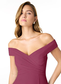 Azazie Lecia Vestidos de damas de honor Vestido de Mora de Gasa de Imperio Convertible con Plisado fuera del hombro image6