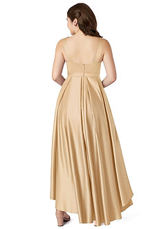 Azazie Inaya Junior Gold A-Line with Belt Stretch Satin Dress image2