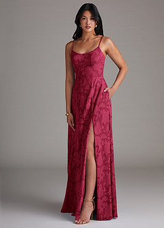 Azazie Moira Bridesmaid Dresses Burgundy A-Line Side Slit Floral Burnout Dress image3