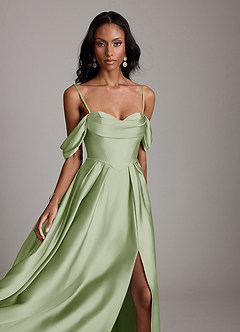 Azazie Loisa Abiti da Damigella Abito A-Line in Raso Elasticizzato a Spalla Scoperta Verde Salvia image3