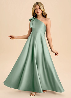 Azazie Penguin Junior Agave A-Line Bow Stretch Satin Dress image1