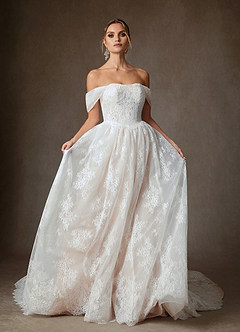 Azazie Justice Wedding Dresses Diamond White Champagne Ball-Gown Off the Shoulder Lace Dress image6
