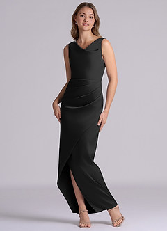 Azazie Kali At-home Try On Dresses Black Sheath Pleated Stretch Satin Dress image5