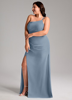 Azazie Eren Vestidos de damas de honor Vestido de Azul Polvoriento de Gasa de Corte Recto con Hombro unilateral image4