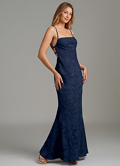 Azazie Ola Vestidos de damas de honor Vestido Azul Marino Oscuro de Devorado Floral de Corte Sirena con Corsé image3