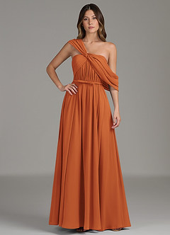 Azazie Nyah Bridesmaid Dresses Cinnamon A-Line Off the Shoulder Chiffon Dress image4