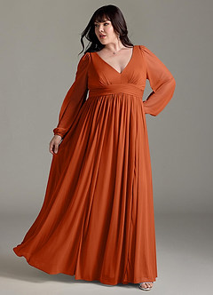 Azazie Norah Bridesmaid Dresses Burnt Orange A-Line V-Neck Long Sleeve Chiffon Dress image8