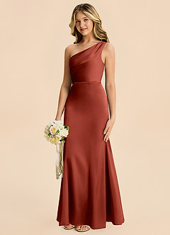 Azazie Ren Junior Robe Trapèze en Satin extensible Plissé Terracotta image2