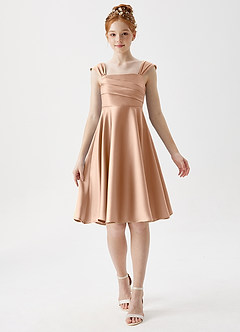 Azazie Amira Junior Vestido de Rosa Inglesa de Satén Elástico de Corte En A con Plisado image1